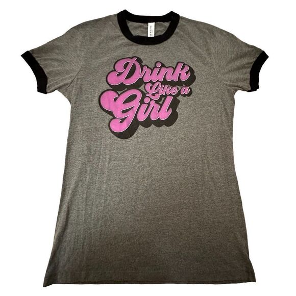 Unbranded ~ “Drink Like a Girl” ~ size Large ~ Black Ringer Grey Tee - Picture 1 of 7